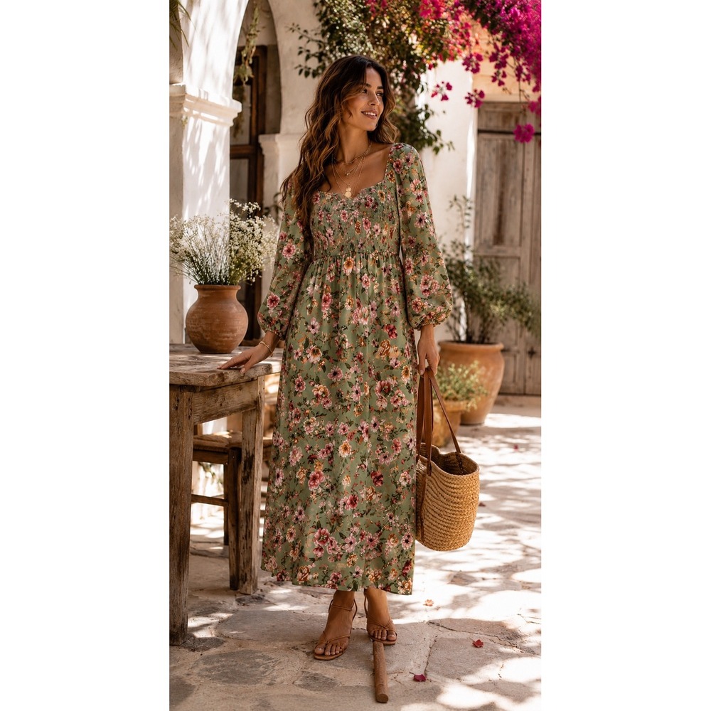 Inspired Hearts Green Floral Smocked MaxiDress Long Balloon Sleeve Cottagecore M